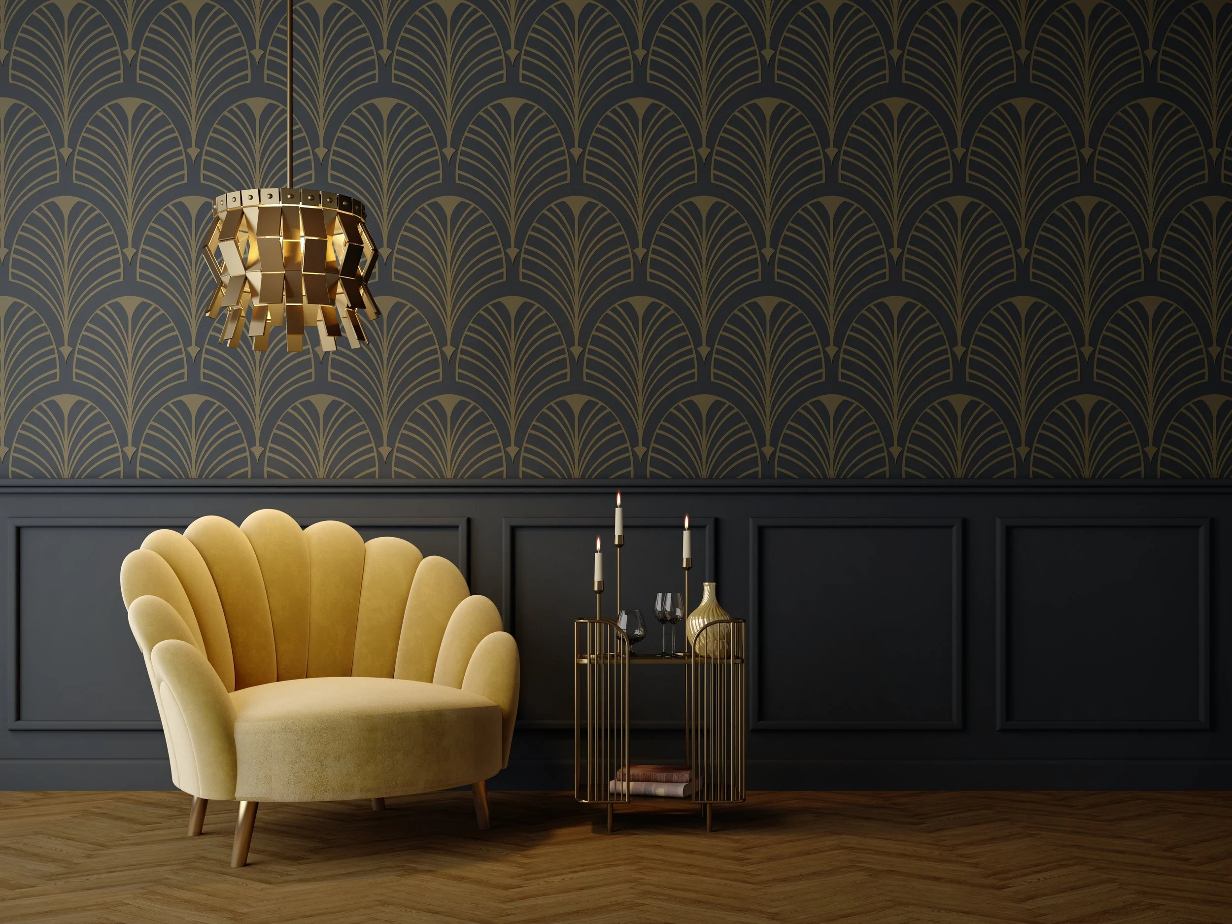 Interior with yellow chair and wall covering detail